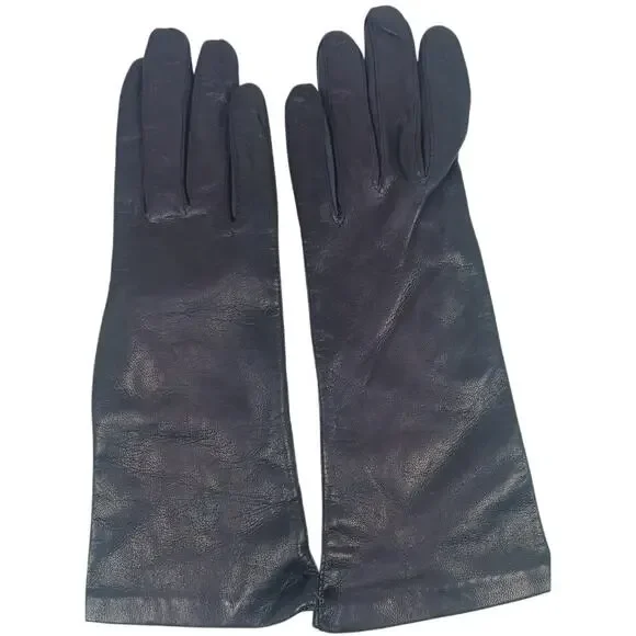 Vintage Made in Italy Dark Blue Leather Gloves with 100% Silk Lining, Size 7 - Picture 3 of 9